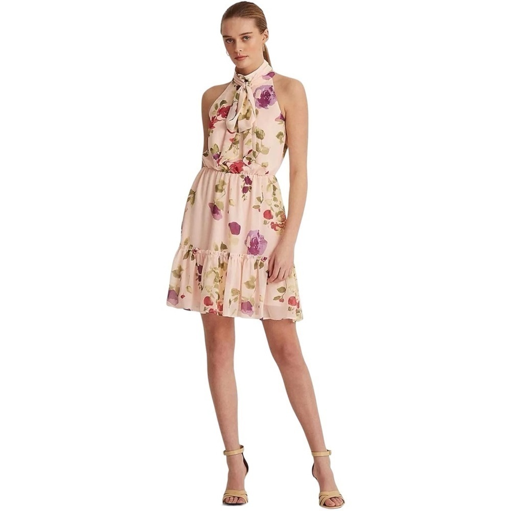 Nwt Lauren Ralph Lauren Pink Floral Chiffon Sleeveless Dress 16 $165
